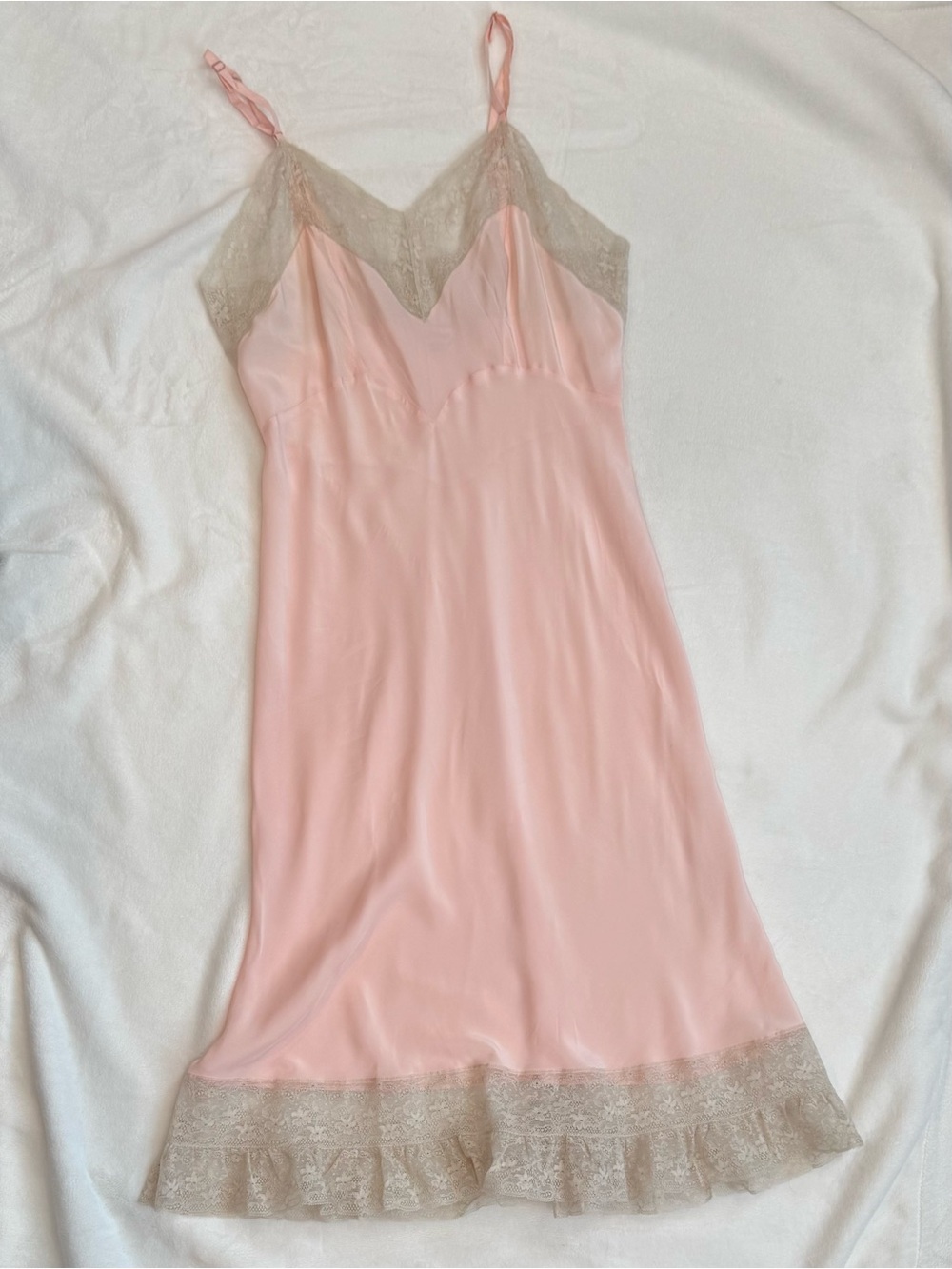 1940s Silky Rayon Pink Ivory Lace Skycharmer Skylon Vintage Full Slip Dress 18 L - Picture 9 of 13